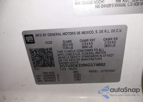 2022 GMC Sierra 1500 Limited 4Wd Short Box Slt из США, поврежденный, VIN 3GTU9DED0NG174602